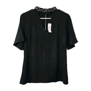 NWT Ann Taylor Women's 0 Sm Cutout‎ Blouse Top Black Choker Neck Flutter Sleeve